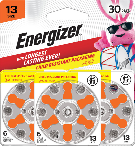 Energizer Hearing Aid Batteries Size 13, Orange Tab, 30 Pack