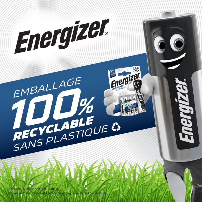 Energizer Ultimate Lithium 100% Recyclable plastic free Packaging