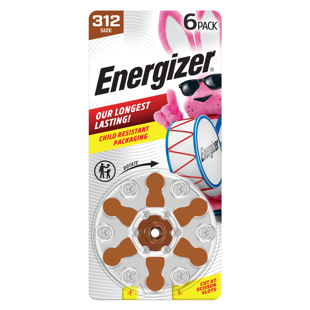 Energizer Hearing Aid Batteries Size 312, Brown Tab