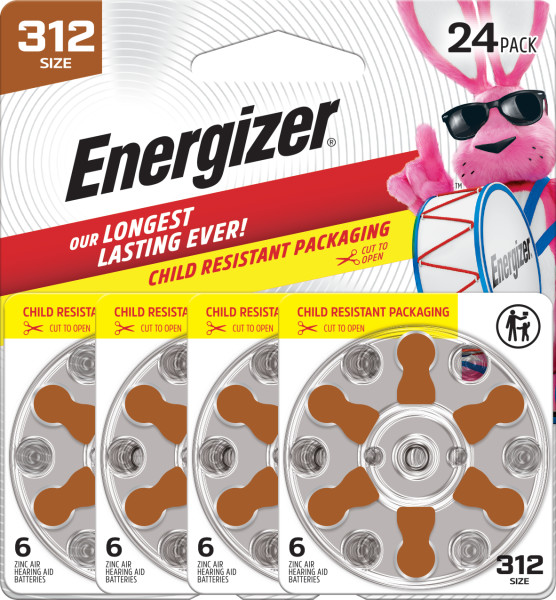 Energizer Hearing Aid Batteries Size 312, Brown Tab, 24 Pack
