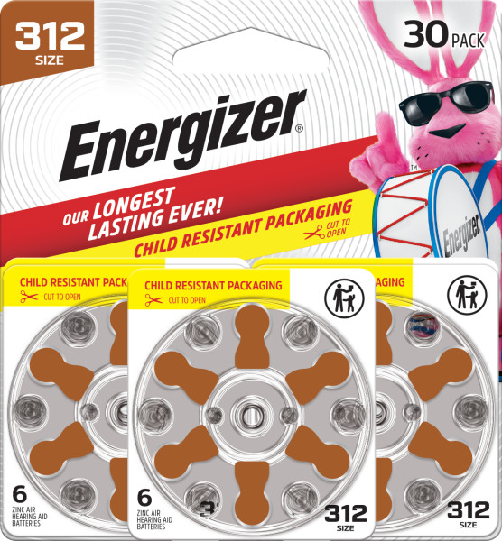 Energizer Hearing Aid Batteries Size 312, Brown Tab, 30 Pack