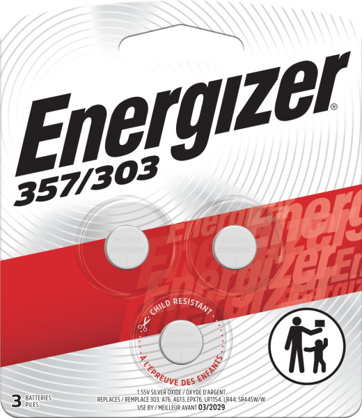 Energizer 357/303 Batteries (3 Pack), 1.5V Silver Oxide Button Cell Batteries